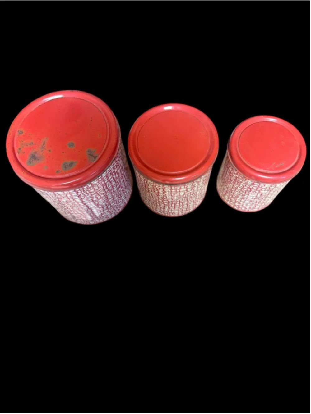 Vintage Parade Red & White Metal Canister Set | 3 Piece Mid Century Kitchen Deco
